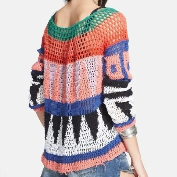 Free People Crochet Colorblock Open-Knit Sweater in Green, Red, Peach, Black - Picture 8 of 8